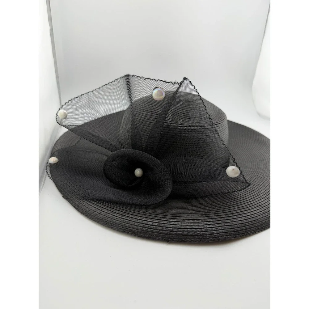 Vintage Black Straw Wide Brim Church Hat Mesh Bow Faux Pearl Derby Wedding Hat